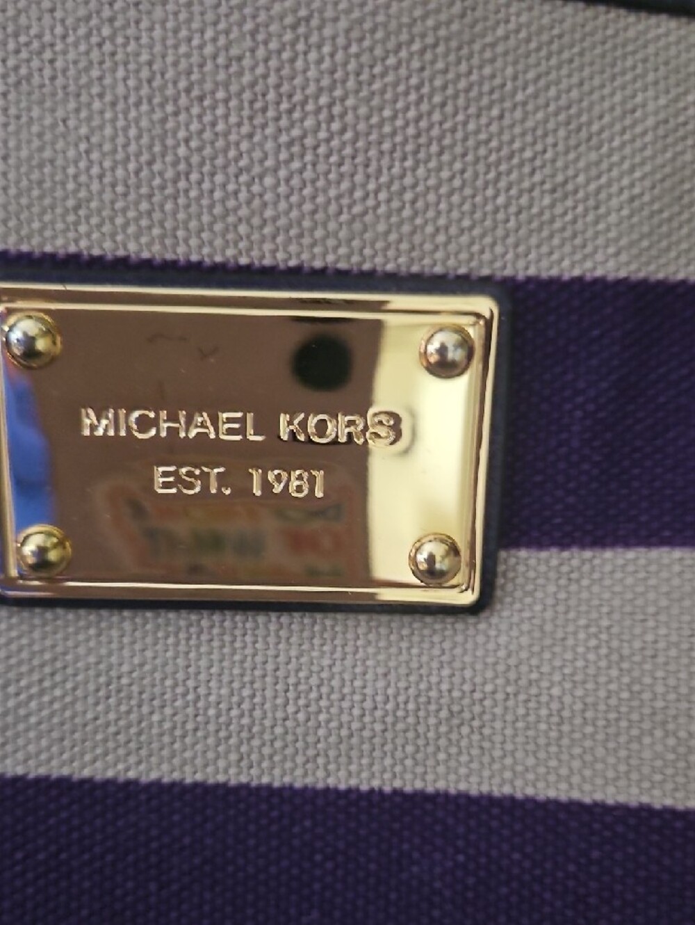 Michael Kors Striped Purple and Cream Tote with Gold-Tone Plaque - Picture 5 of 15